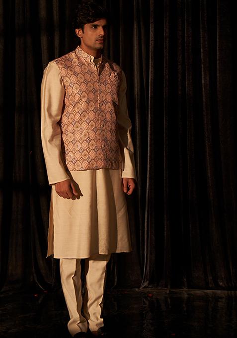 Brown Abstract print viscose Kurta Set For Men