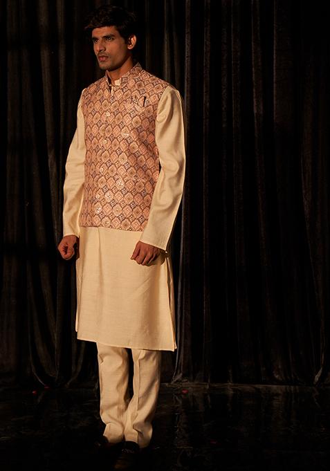 Brown Abstract print viscose Kurta Set For Men
