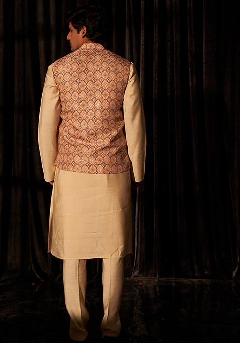 Brown Abstract print viscose Kurta Set For Men