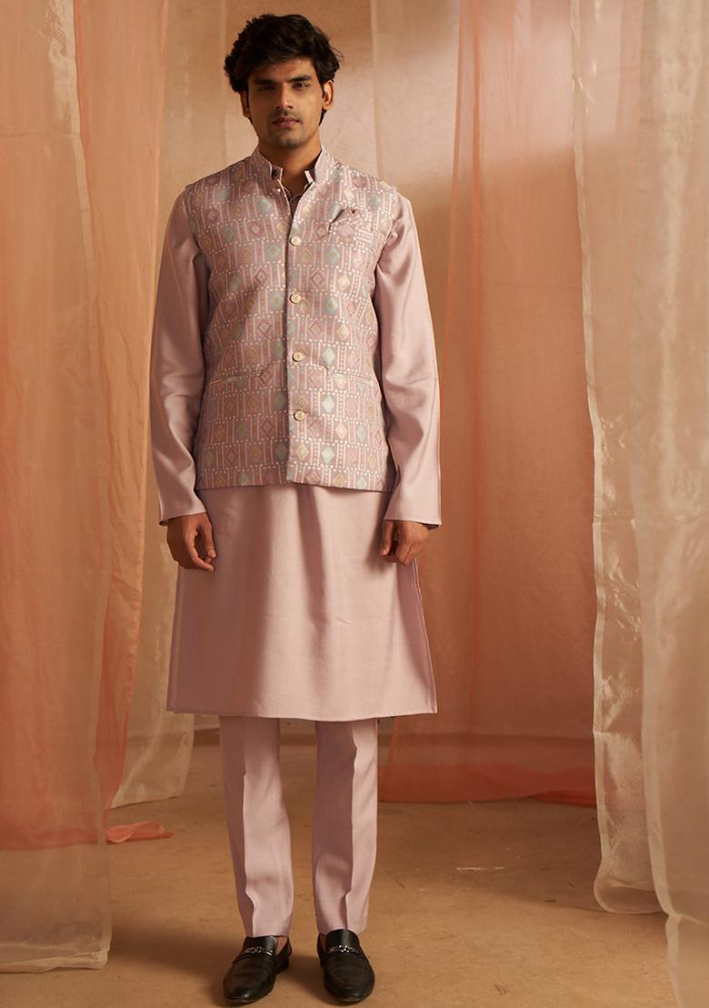 Purple Abstract print viscose Kurta Set For Men