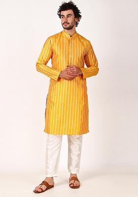 Yellow Woven Art Silk Kurta Set For Men