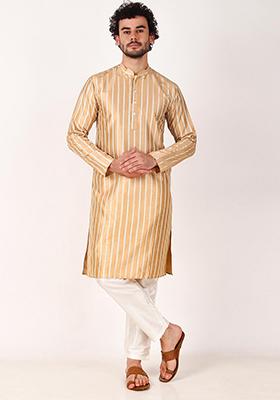 Brown Woven Art Silk Kurta Set For Men