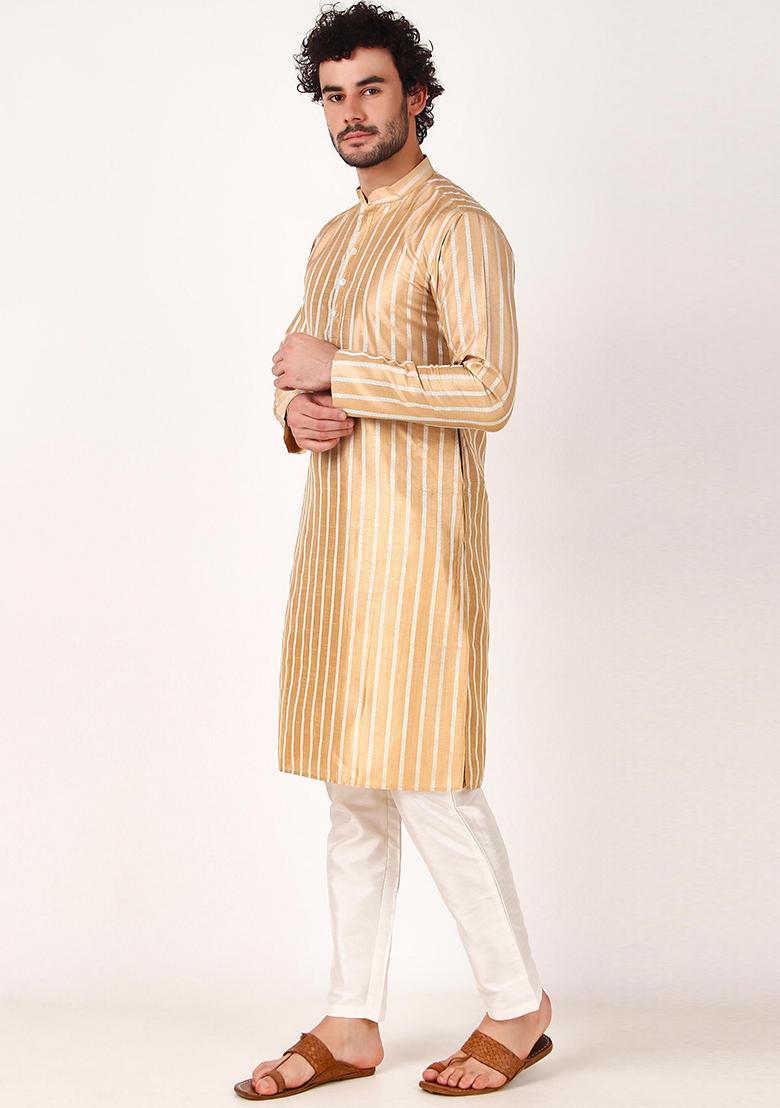 Brown Woven Art Silk Kurta Set For Men
