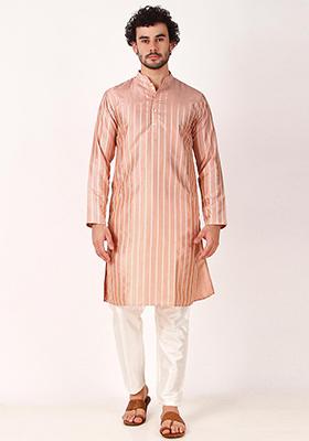 Pink Woven Art Silk Kurta Set For Men