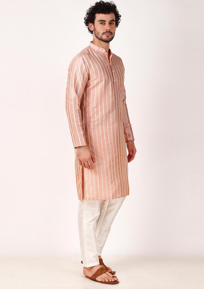 Pink Woven Art Silk Kurta Set For Men