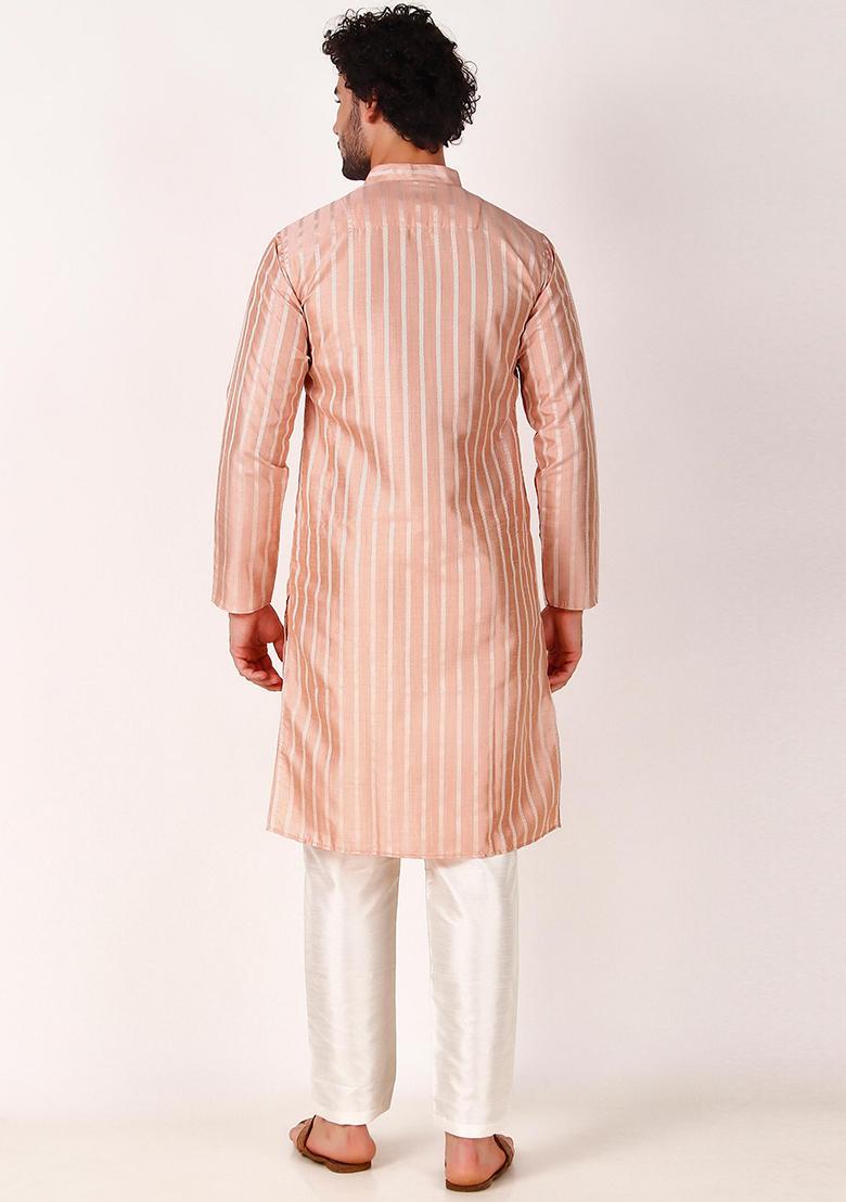 Pink Woven Art Silk Kurta Set For Men