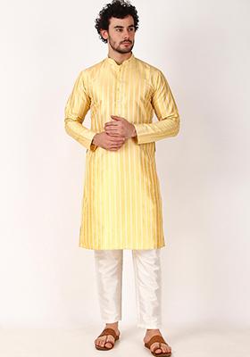 Lemon Woven Art Silk Kurta Set For Men
