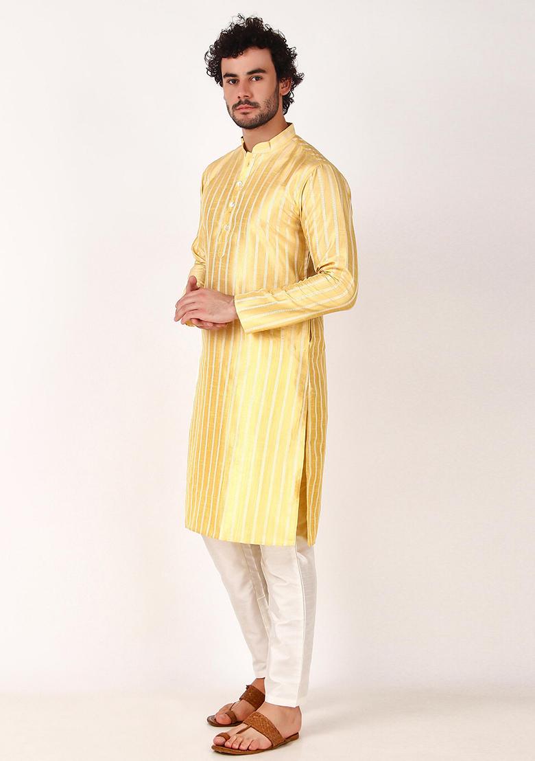 Lemon Woven Art Silk Kurta Set For Men