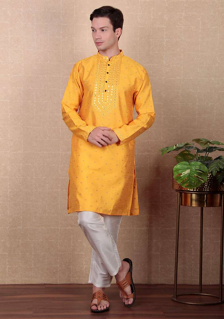 Yellow Woven jacquard Kurta Set For Men - Indya