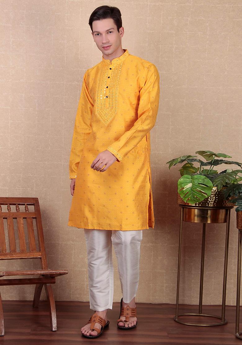 Yellow Woven jacquard Kurta Set For Men