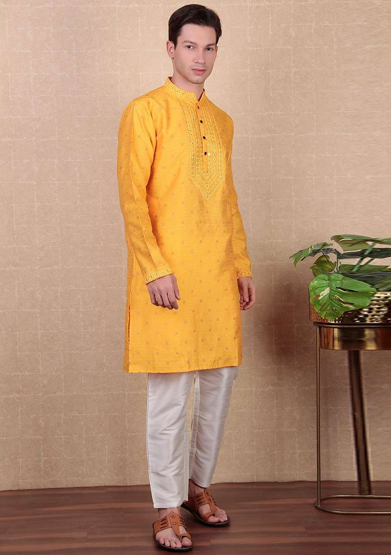 Yellow Woven jacquard Kurta Set For Men - Indya