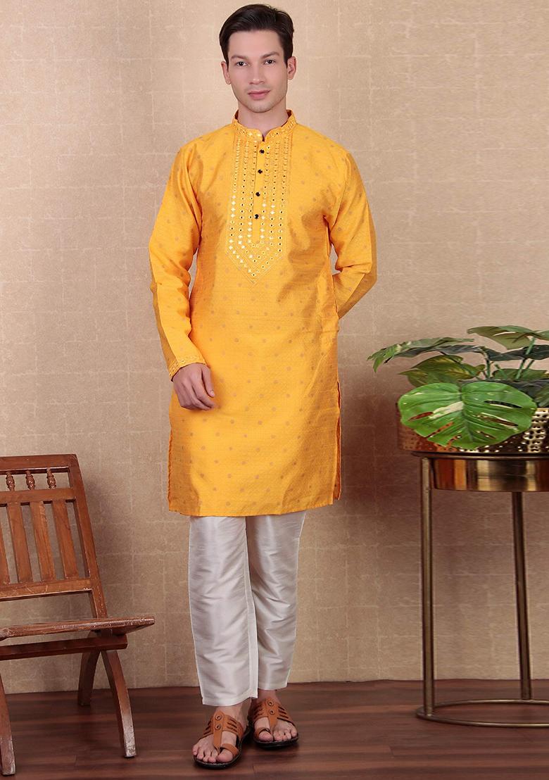Yellow Woven jacquard Kurta Set For Men