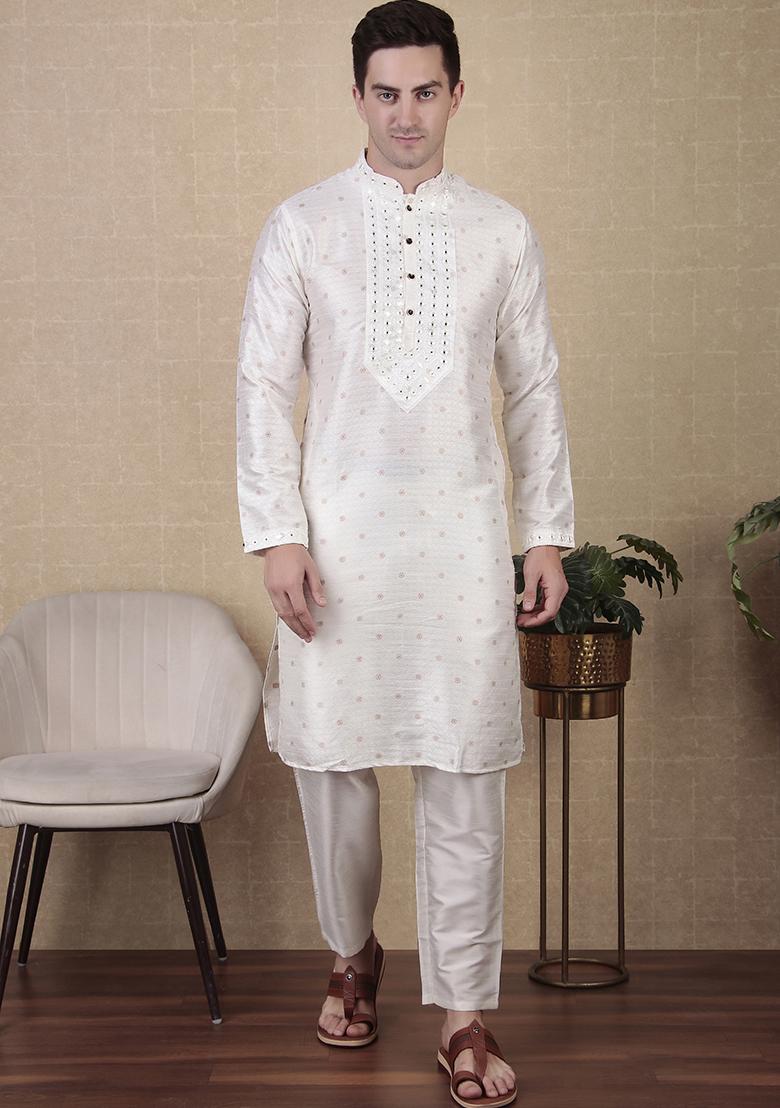 White Woven jacquard Kurta Set For Men