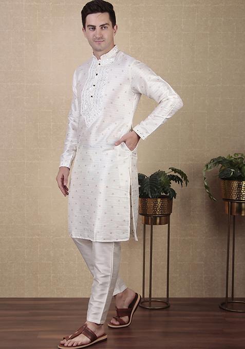 White Woven jacquard Kurta Set For Men