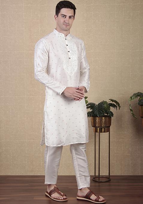 White Woven jacquard Kurta Set For Men