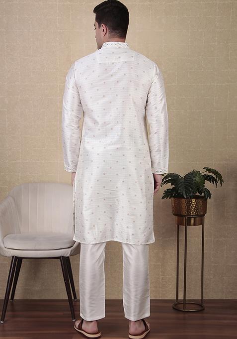 White Woven jacquard Kurta Set For Men