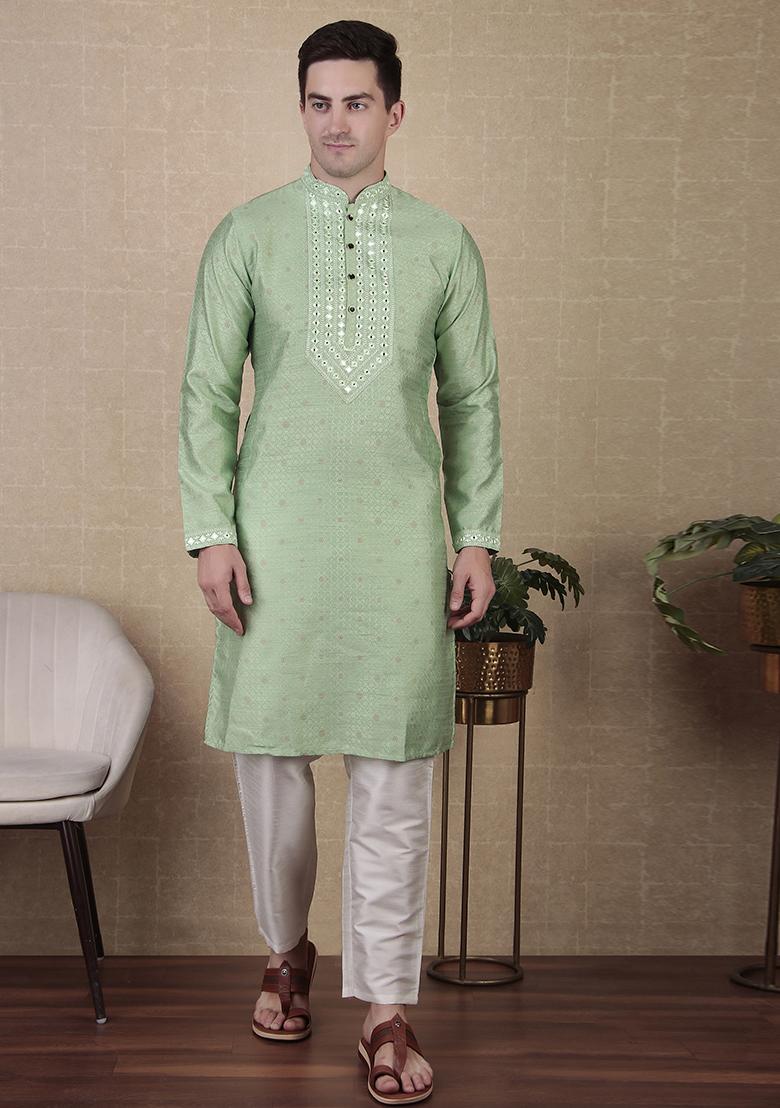 Green Woven jacquard Kurta Set For Men