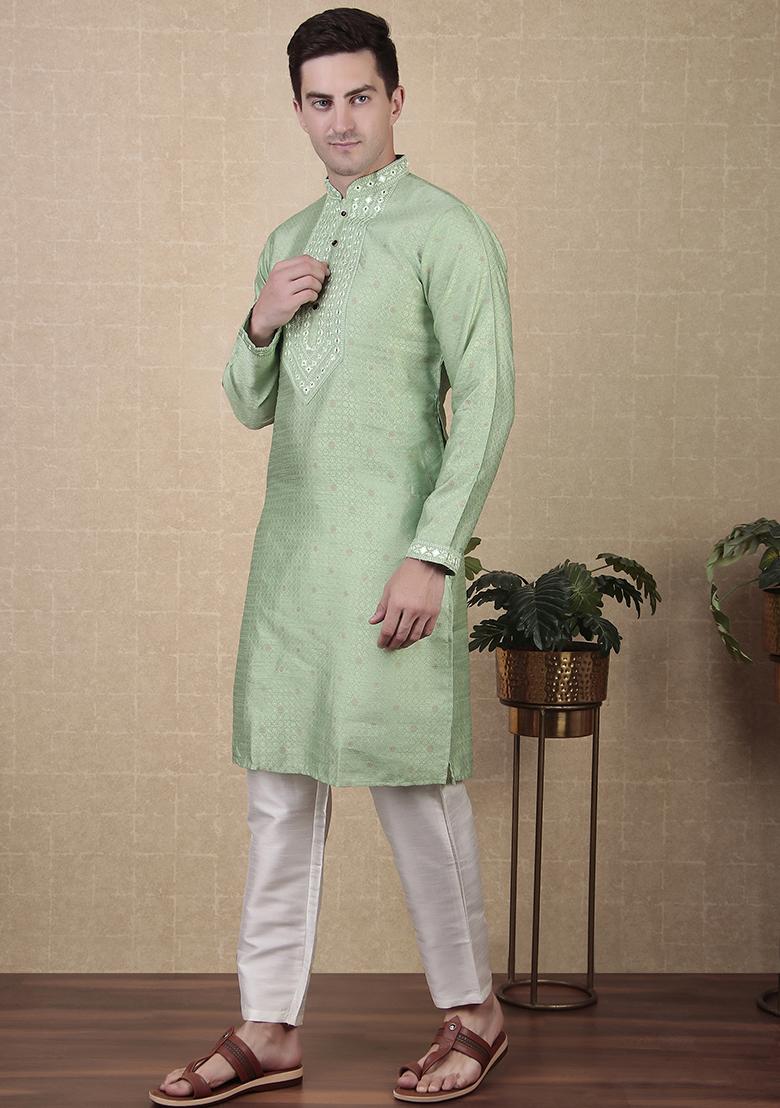 Green Woven jacquard Kurta Set For Men