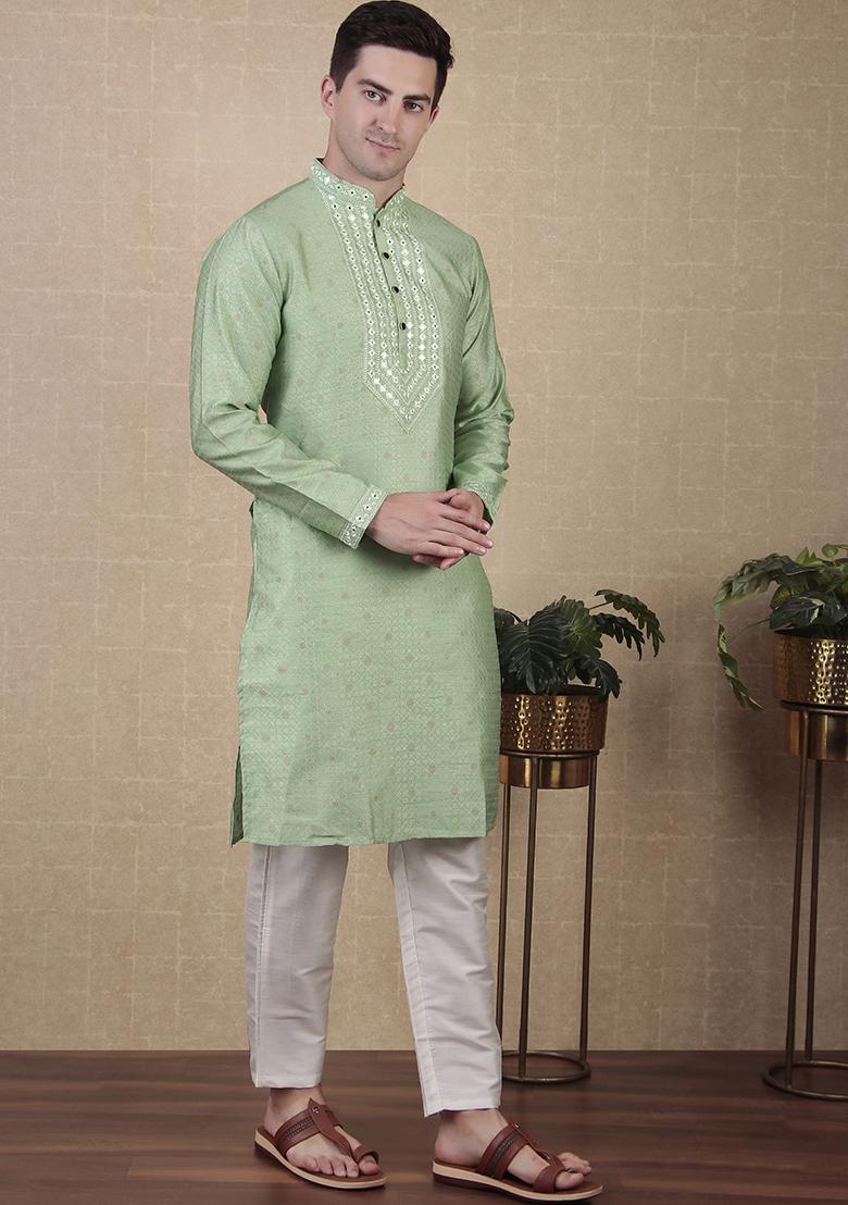 Green Woven jacquard Kurta Set For Men