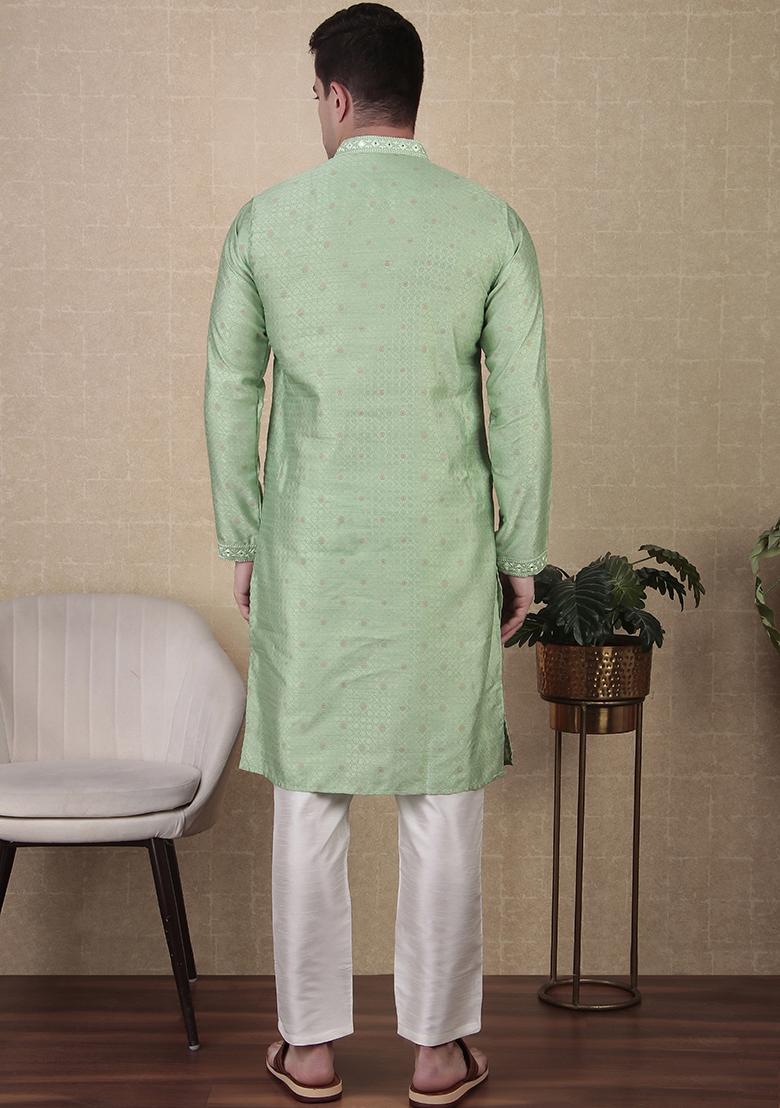Green Woven jacquard Kurta Set For Men