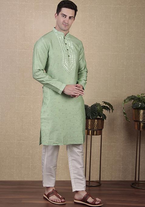 Green Woven jacquard Kurta Set For Men