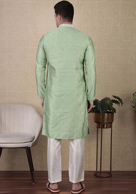 Green Woven jacquard Kurta Set For Men
