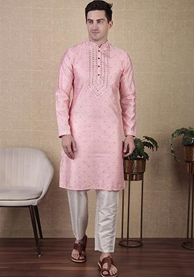 Pink Woven jacquard Kurta Set For Men