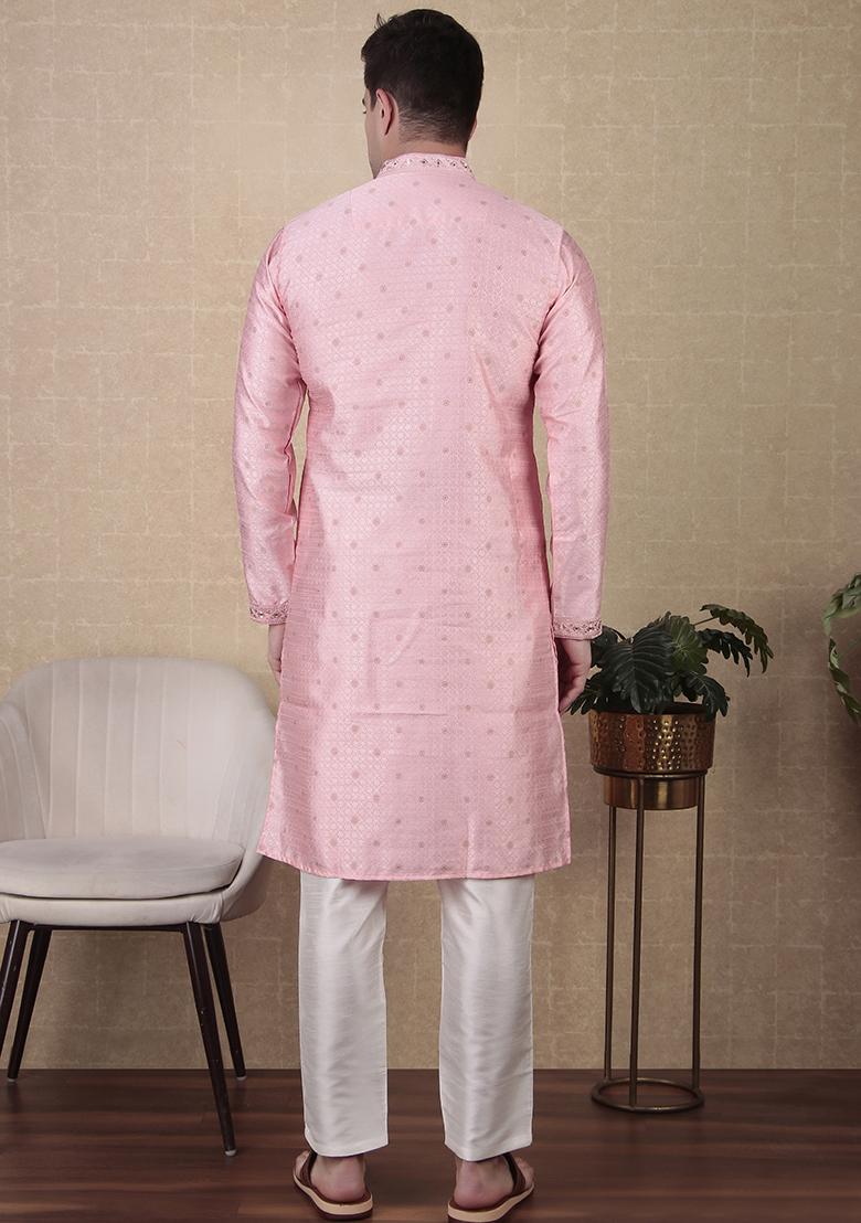 Pink Woven jacquard Kurta Set For Men