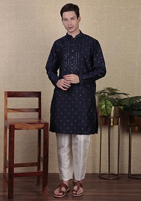 Blue Woven jacquard Kurta Set For Men