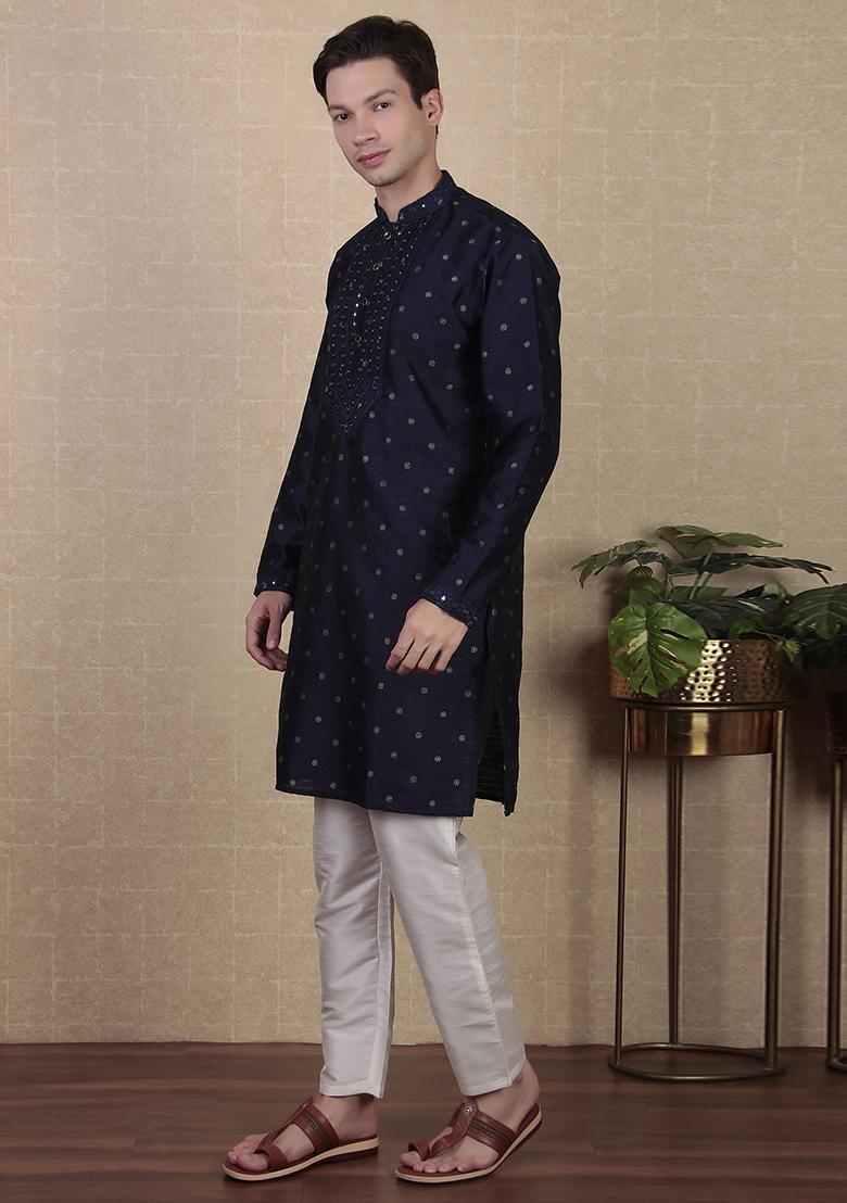 Blue Woven jacquard Kurta Set For Men
