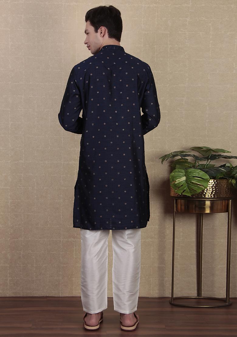 Blue Woven jacquard Kurta Set For Men