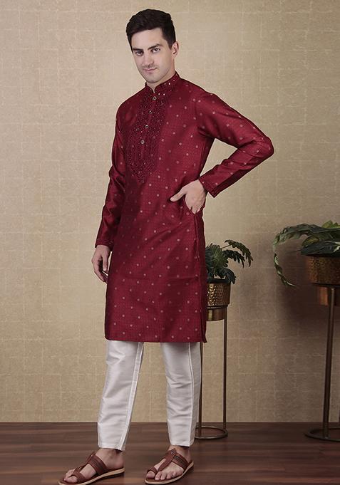 Maroon Woven jacquard Kurta Set For Men