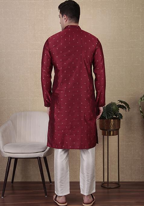 Maroon Woven jacquard Kurta Set For Men