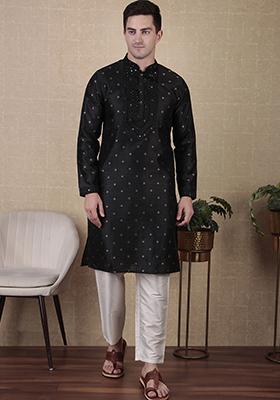 Black Woven jacquard Kurta Set For Men