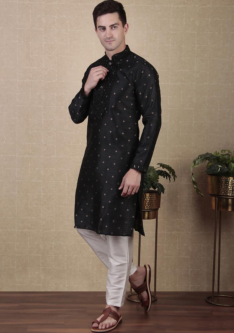 Black Woven jacquard Kurta Set For Men