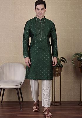 Green Woven jacquard Kurta Set For Men