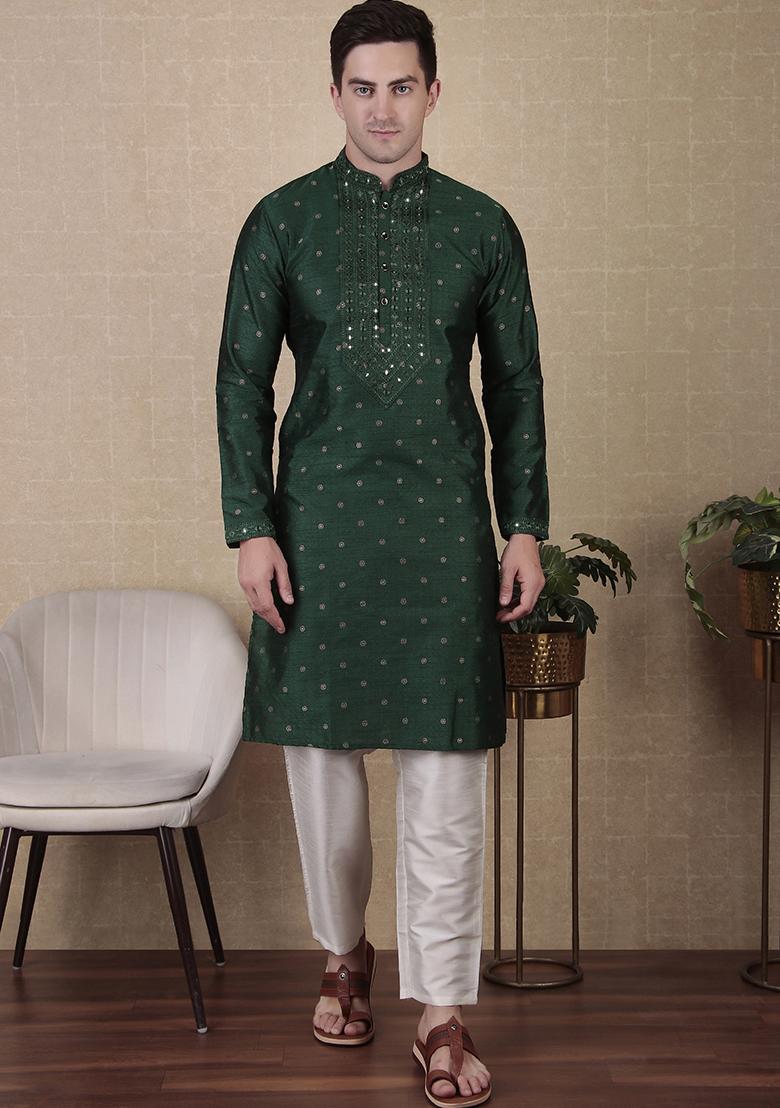 Green Woven jacquard Kurta Set For Men