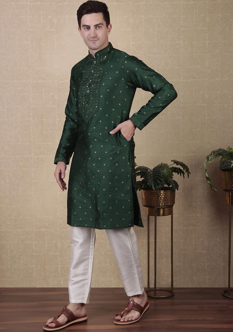 Green Woven jacquard Kurta Set For Men