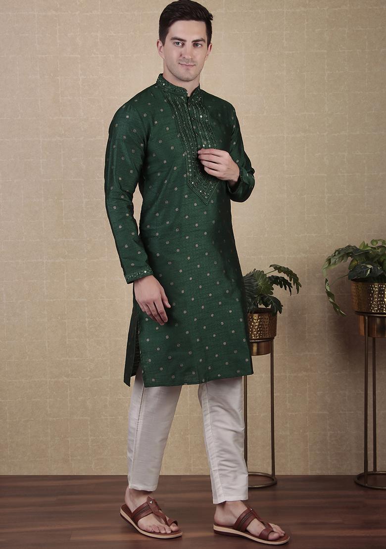 Green Woven jacquard Kurta Set For Men