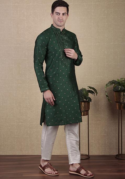 Green Woven jacquard Kurta Set For Men