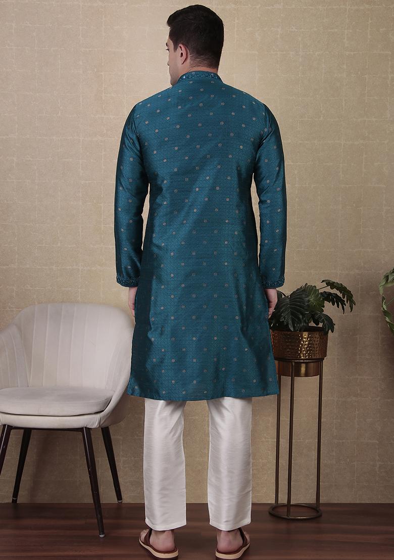 Teal Woven jacquard Kurta Set For Men