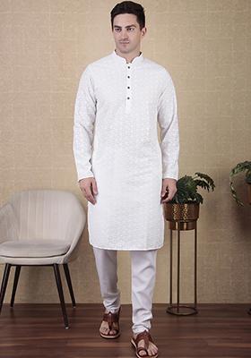 White Sequin work Cotton Kurta Set For Men