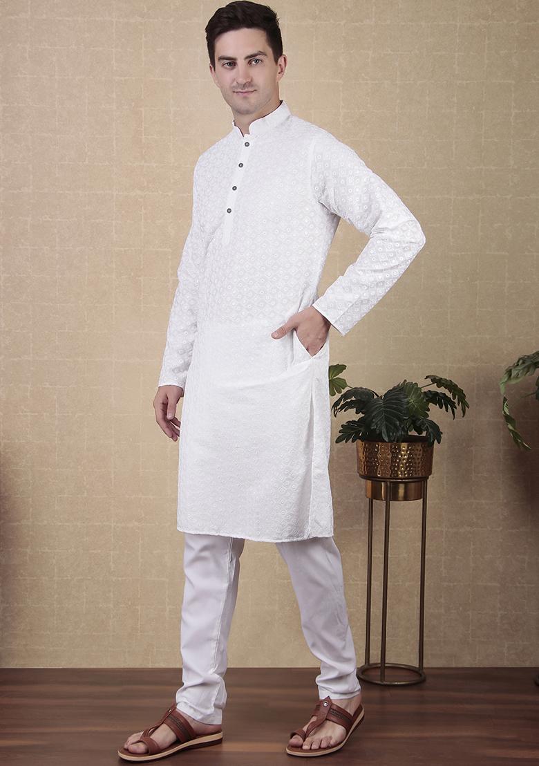 White Sequin work Cotton Kurta Set For Men