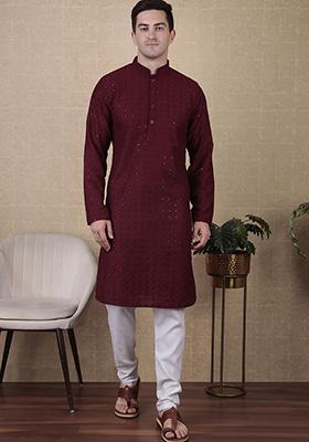 Maroon Sequin work Cotton Kurta Set For Men