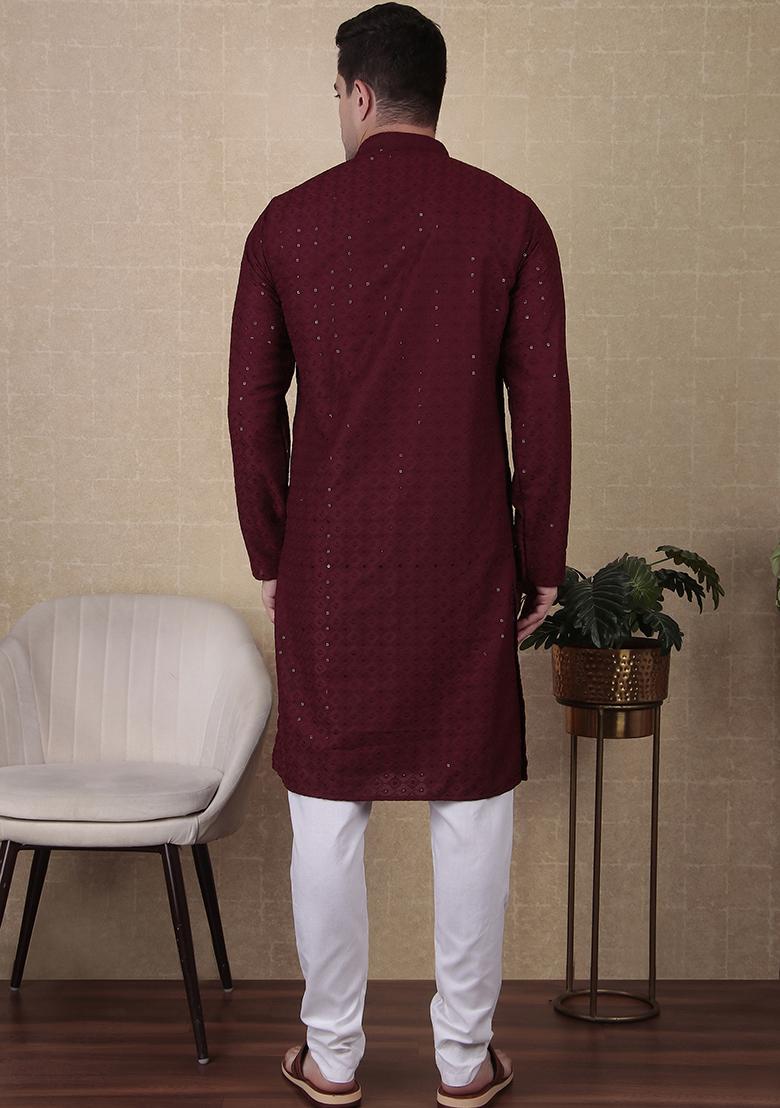 Maroon Sequin work Cotton Kurta Set For Men