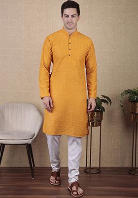 Yellow Sequin work Cotton Kurta Set For Men