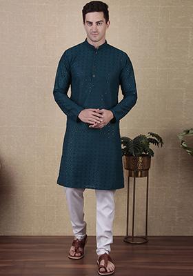 Teal Sequin work Cotton Kurta Set For Men