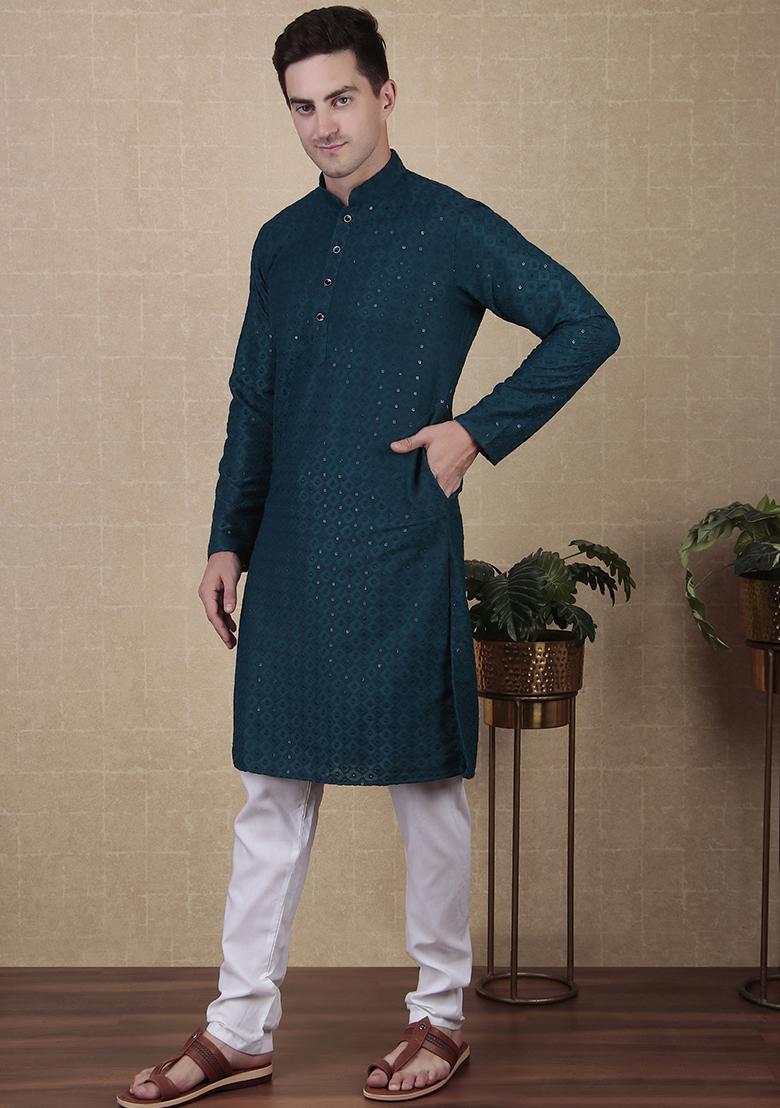 Teal Sequin work Cotton Kurta Set For Men