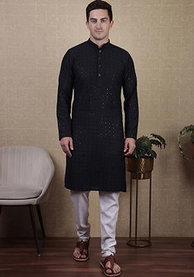Blue Sequin work Cotton Kurta Set For Men