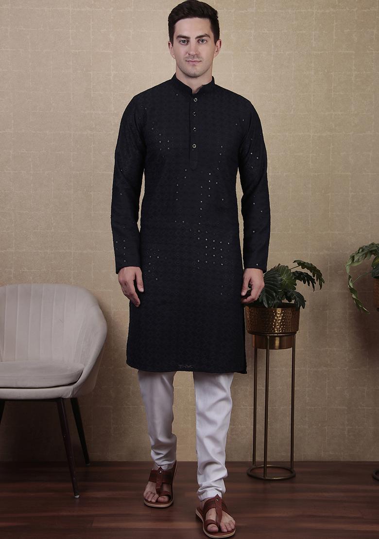 Blue Sequin work Cotton Kurta Set For Men